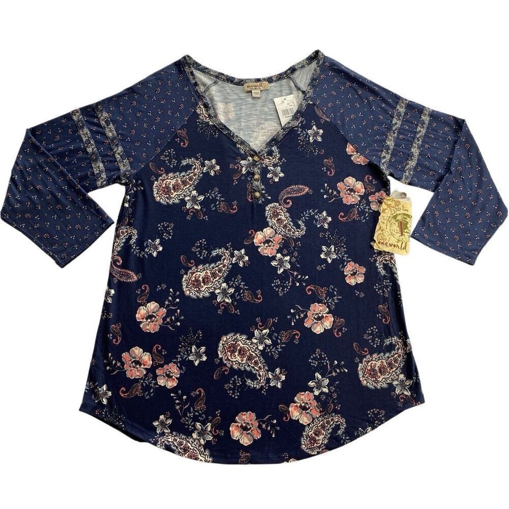 ONE WORLD WOMEN’S LARGE BLUE PRINT TOP